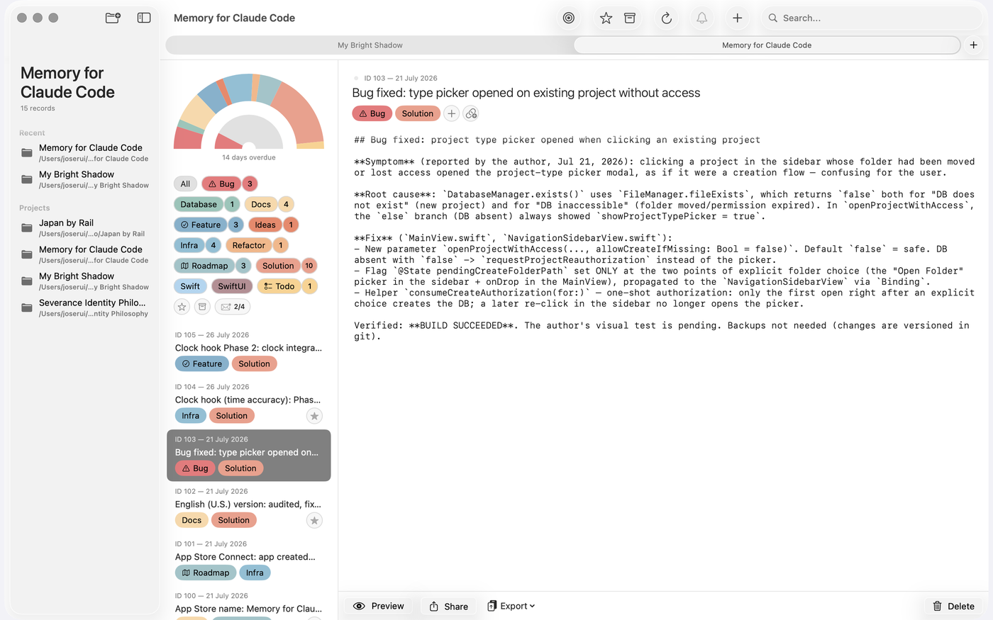 The app showing a project's records, tags and chart
